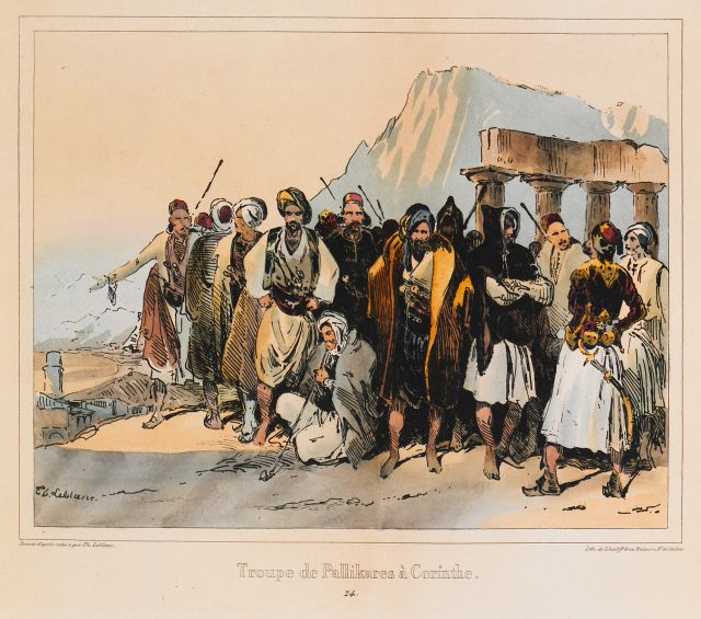 “Palikaria” and heads of irregular troops, at the temple of Apollo in Ancient Corinth. Théodore Leblanc (1800? – 1837)